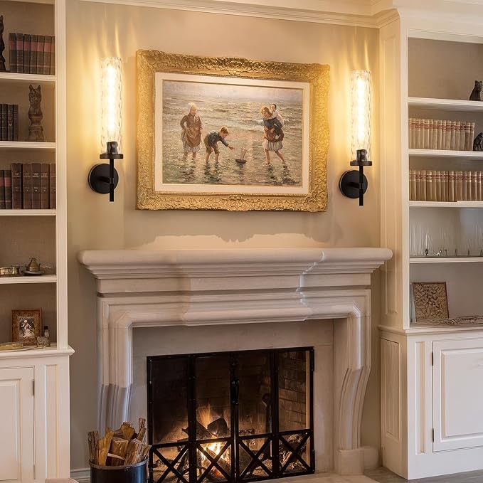 19.5" Knurled Brass Wall Sconces Set of 2, Black Gold Bathroom Vanity Light Fixtures with Water Ripples Glass Tube, Modern Lamp Lighting for Bedroom, Living Room, Hallway, Staircase, Mirror, Kitchen