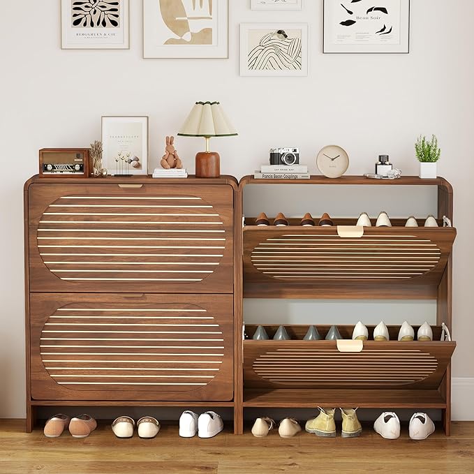 Curved Shoe Storage Cabinet for Entryway with 2 Flip Drawers, Wood Narrow Shoe Cabinet with Arched Panel, Freestanding Shoe Organizer Closed Shoe Rack for Hallway, Foyer, Walnut