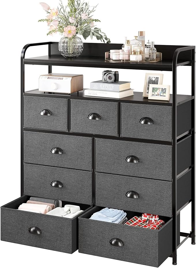EnHomee Dresser for Bedroom with 9 Drawers, Dressers with 2 Open Shelves, Fabric Dressers & Chests of Drawers for Bedroom, Sturdy Metal Frame, Large Dresser, Black Grey