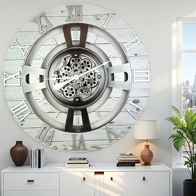 The Gears Clock Real Moving Gear Wall Clock England Line (White Farmhouse, 36 inches (90 cm))