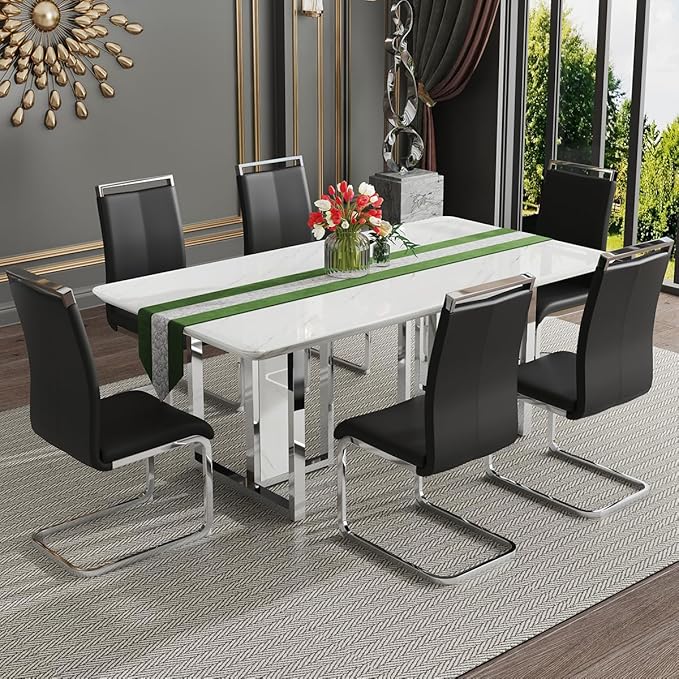 67'' Modern Dining Table Set for 6,White Kitchen Table Set,Luxury Dining Table Set with 1.8-inch Thick Faux Marble Table Top＆6 Pu Leather Upholstered Chairs Ideal for Dining kicken Room