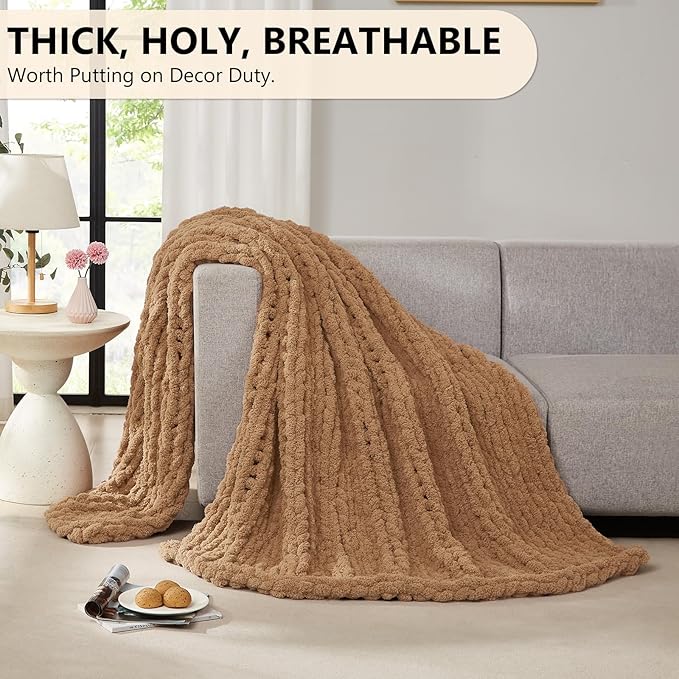 L'AGRATY Chunky Knit Blanket Throw: 50''x60'' Chenille Chunky Knitted Throw Blanket for Bed Couch - Handmade Thick Big Cable Knit Blanket - Large Crochet Rope Blanket for Home Decor(Tan)