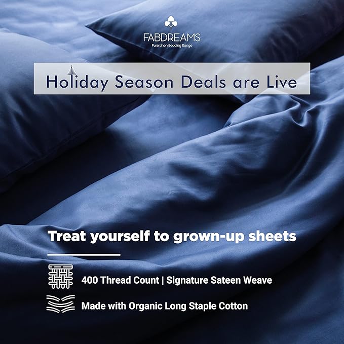 FABDREAMS 100% Organic Cotton California King Sheet Set| 400 Thread Count|Luxury Hotel Collection|GOTS Certified Long Staple Cotton|Elasticised 17" Deep Pockets|Smoother than Egyptian Cotton|Dark Blue