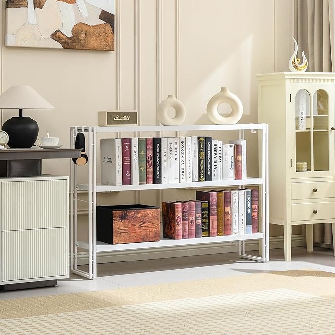HCHQHS Bookshelf, 3-Tier Industrial Bookcase, White Open Book Shelf, Freestanding Horizontal Bookshelves with Metal Frame