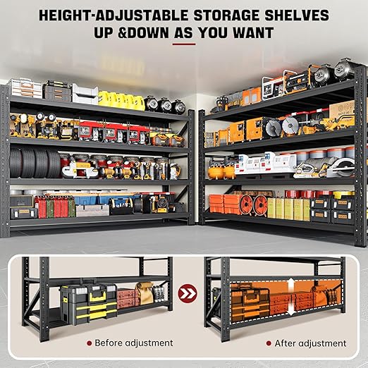 9000LBS Storage Shelves, 75" W Garage Shelving Heavy Duty Metal Adjustable Garage Shelves, Shelving Units Industrial Shelving for Warehouse, 75" W x 24" D x 70" H, Black