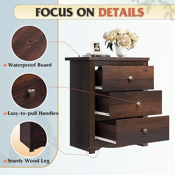 WLIVE Tall Nightstand with Charging Station, Wood Nightstand with 3 Drawers, Bedside Tables Bedroom, Dorm, End Table with 2 USB Ports and 2 AC Outlets, Bedside Table, Espresso