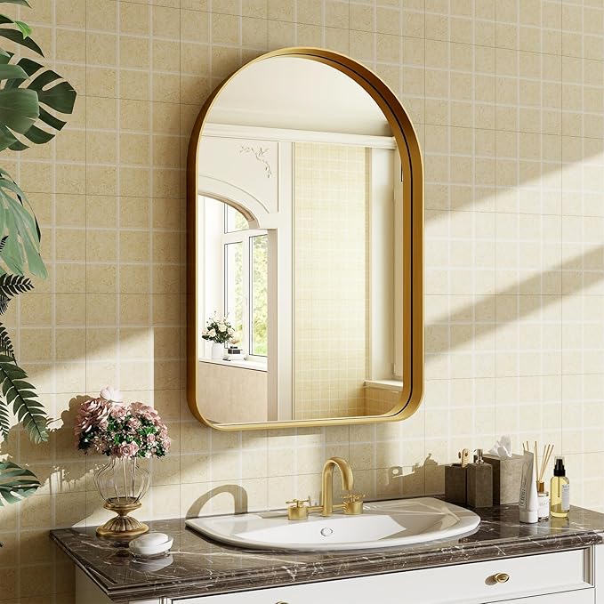 Arched Bathroom Mirror - 30x20 Inch Gold Bathroom Mirror for Wall - Aluminum Alloy Framed Mirror - Arched Top Bathroom Vanity Mirror for Living Room, Bedroom, Mantel, Entryway, and Hallways