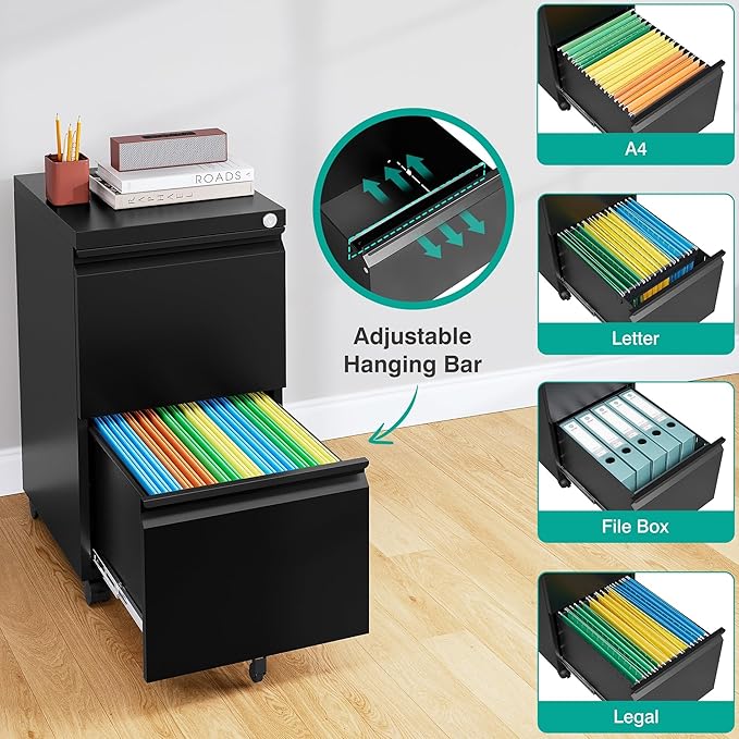 SISESOL 2 Drawer File Cabinet on Wheels,Metal Filing Cabinet with Lock,Black Rolling File Cabinets,Under Desk Office Cabinets for Home Office,Fit A4/Letter/Legal,Fully Assembled Except Caster