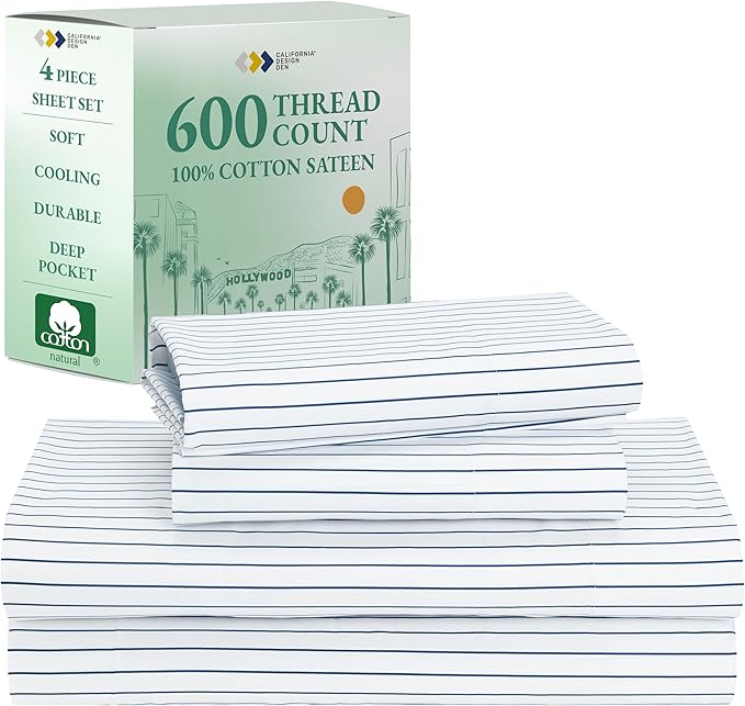 California Design Den Printed Striped Bed Sheets Full Size Set - Luxury 600 Thread Count, 100% Cotton Sateen, Hotel Quality Deep Pocket Full Sheet Set - Classic Blue Stripe Print