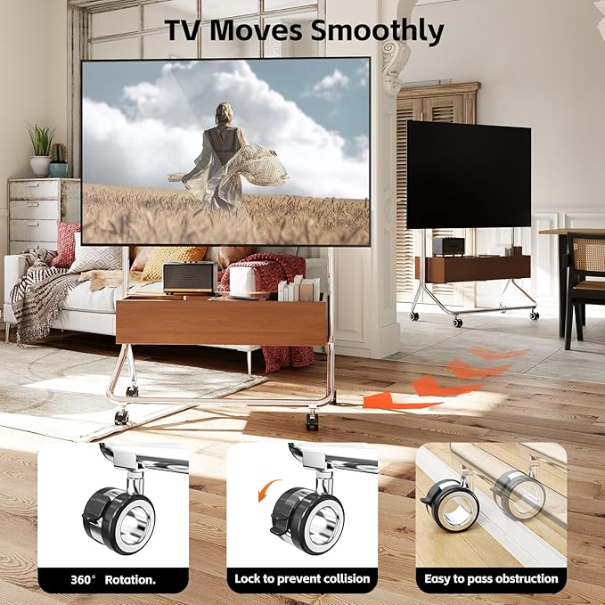 Solid Wood Mobile TV Cart Rolling TV Stand with Wheels for 42-75 Inch LCD LED Flat Curved Screens up to 180 Lbs, Heavy Duty Portable Floor Stainless Steel Mobile TV Stand (Walnut, 42-75inch)