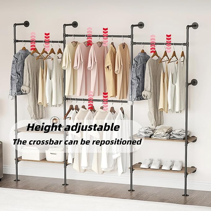 Industrial Pipe Clothing Rack, Wall Mounted Clothes Rack for Hanging Clothes, Retail Display Rack with Shelves, Add Corner installation Method (Black, III-2Tier)