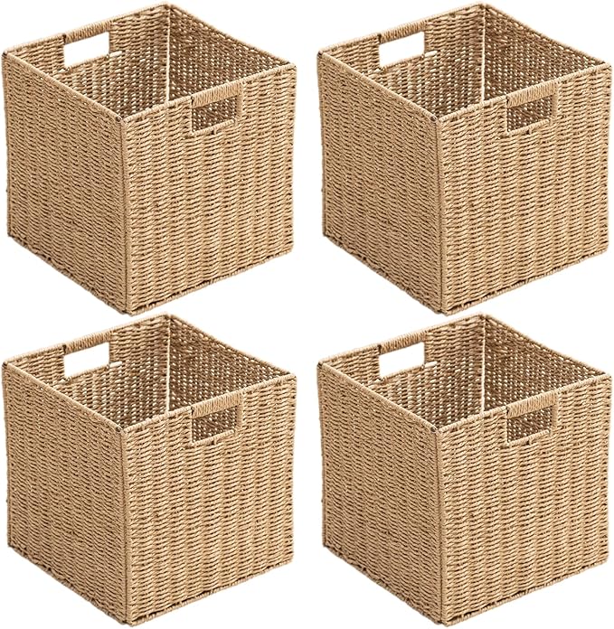 Handwoven Paper Woven Cube Basket Organizer with Handles set of 4 Foldable Storage baskets for Bedroom Living Room Cubby Storage Units for Clothes Books Toys (Natural, 13" L x 13" W x 13" H)