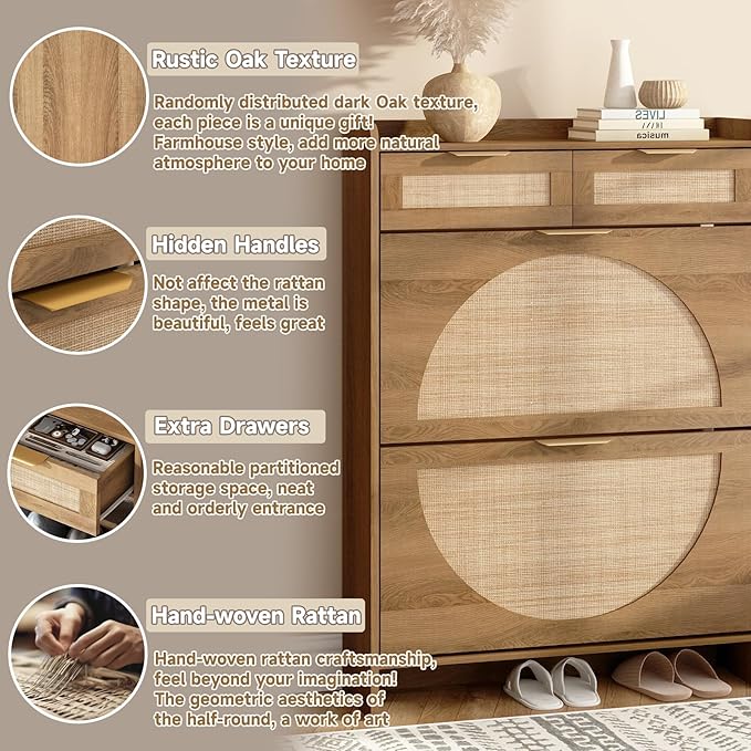 Rattan Shoe Storage Cabinet with 2 Flip Drawers & 2 Drawers, Freestanding Organizer for Front Door Entrance, Hidden Narrow Shoe Rack Cabinet Storage for Entryway, Rustic Oak Rattan