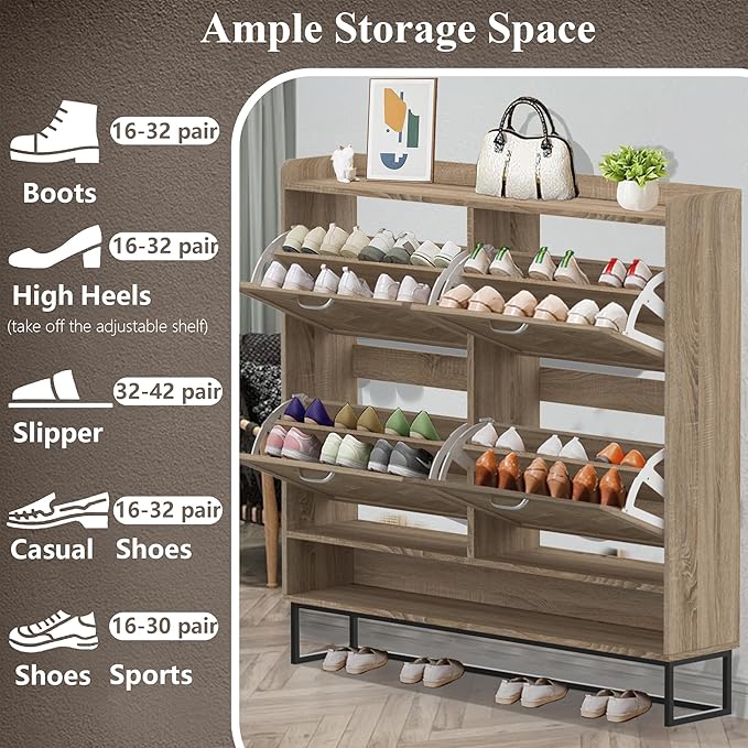 MISHAO Shoe Cabinet Storage for Entryway, Boho Narrow Hidden Shoe Cabinet with 4 Flip Drawers and Metal Legs, Freestanding Slim Shoe Organizer for Entryway, Natural