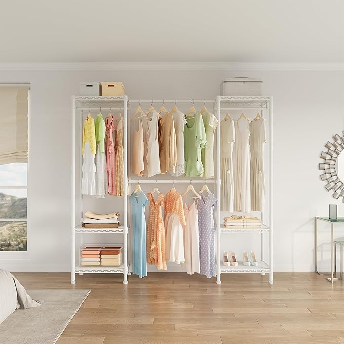 H10 Expandable Clothes Rack Clothing Rack for Hanging Clothes, Heavy Duty Garment Rack, Freestanding Wardrobe Closet Organizer with Hanger Rods, Extendable from 4.6 to 5.1 ft, White