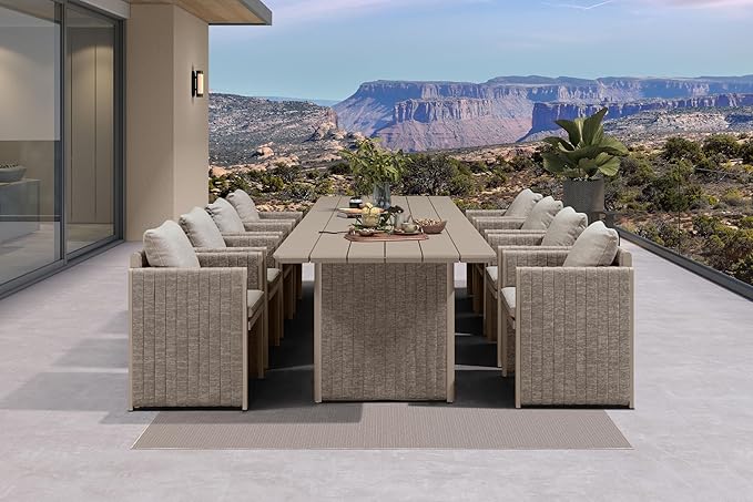 PURPLE LEAF 9 Pieces Outdoor Patio Dining Set Modern Large Weather-Resistant Table and Aluminum Chairs with Olefin Fabric Cushions for Garden Backyard Deck Furniture Beige