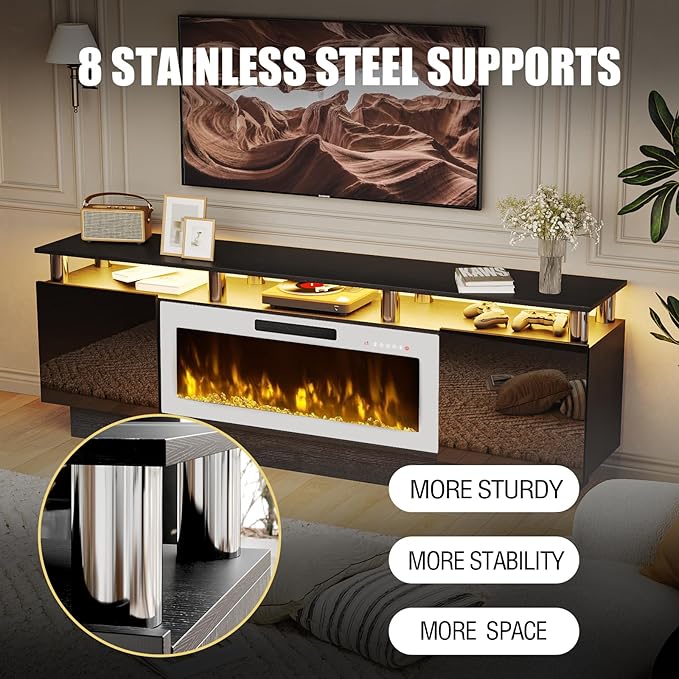 70" Modern Fireplace TV Stand with 36" Electric Fireplace for TVs Up to 80 inch, Luxury LED Light Entertainment Center with High Gloss Cabinet (Black + Silver Posts with White Fireplace)