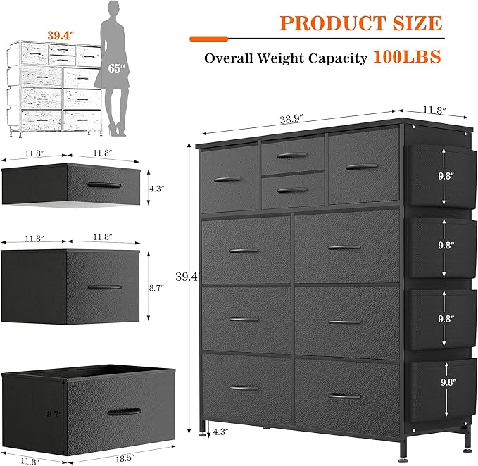 Lulive Dresser for Bedroom with 10 Drawers, Chest of Drawers with Side Pockets and Hooks, PU Storage Dresser, Organizer Unit for Living Room, Hallway, Closet (Black)