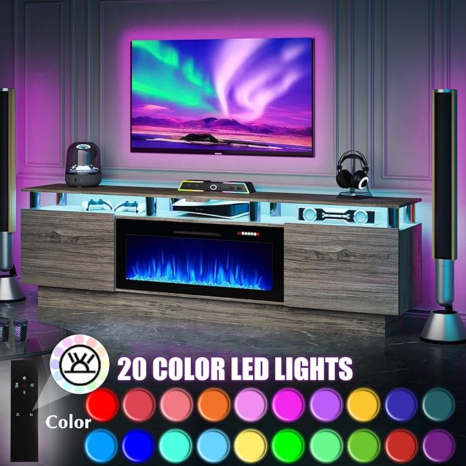 80" Modern Fireplace TV Stand with 36" Electric Fireplace for TVs Up to 90 inch, Luxury LED Light Entertainment Center with High Gloss Cabinet, TV Consoles for Living Room, Grey