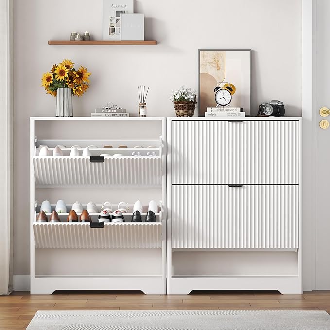 Shoe Cabinet Storage for Entryway with 2 Flip Drawers, White Fluted Shoe Cabinet with Open Storage, Wooden Hidden Shoe Rack Freestanding Narrow Slim Shoes Organizer for Hallway, Entrance