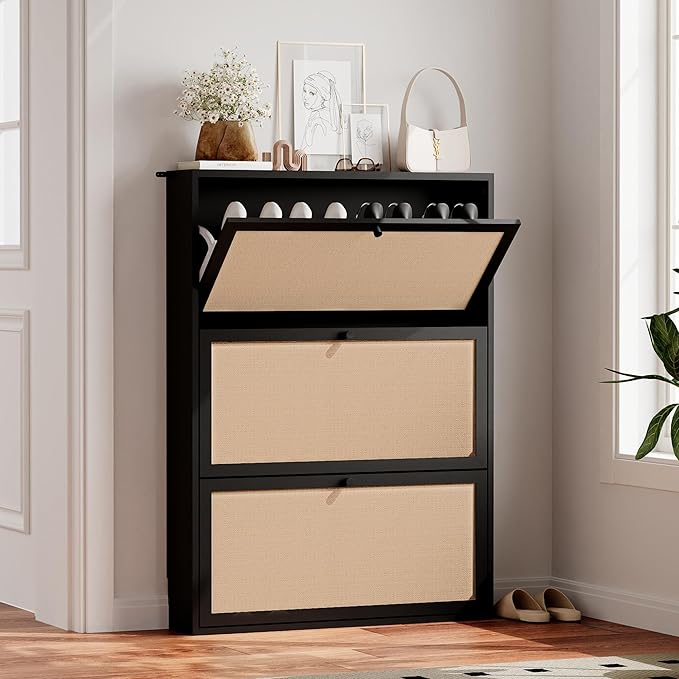 Shoe Storage Cabinet with 3 Flip Drawers, Narrow Wood Shoes Cabinet with Linen Doors Drawer, Freestanding Shoe Organizer Slim Shoe Cabinet Storage Shoe Rack for Entryway Hallway (Black)