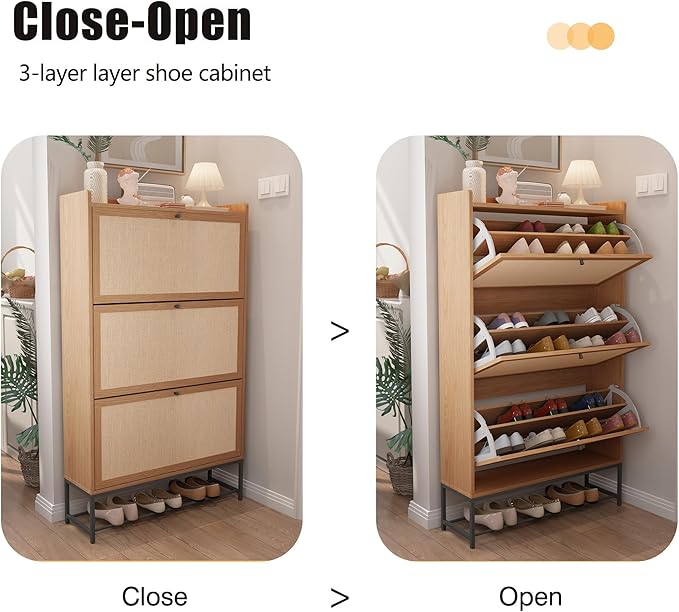Narrow Shoe Storage Cabinet with 3 Flip Drawers, Freestanding Shoe Organizer Slim Shoe Cabinet Storage, Wooden Closed Shoe Rack for Entryway, Hallway, Living Room, Natural
