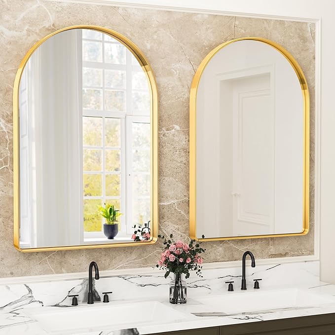 Suidia 26" x 38" Bathroom Mirror, Bathroom Vanity Mirror Metal Framed, Wall-Mounted Mirrors for Bedroom, Living Room, Entryway, Hallway, Gold, Arch Style