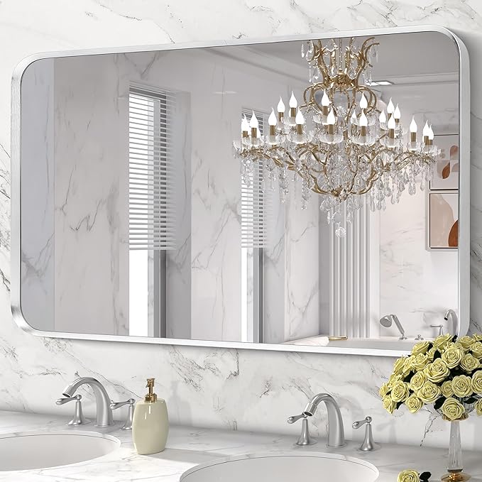 Brushed Nickel Bathroom Wall Mirror, Silver Metal Framed Large Rounded Corner Rectangle Mirror, Tempered Glass, Shatter Proof, Hangs Horizontally or Vertically (30" x 55", Silver)
