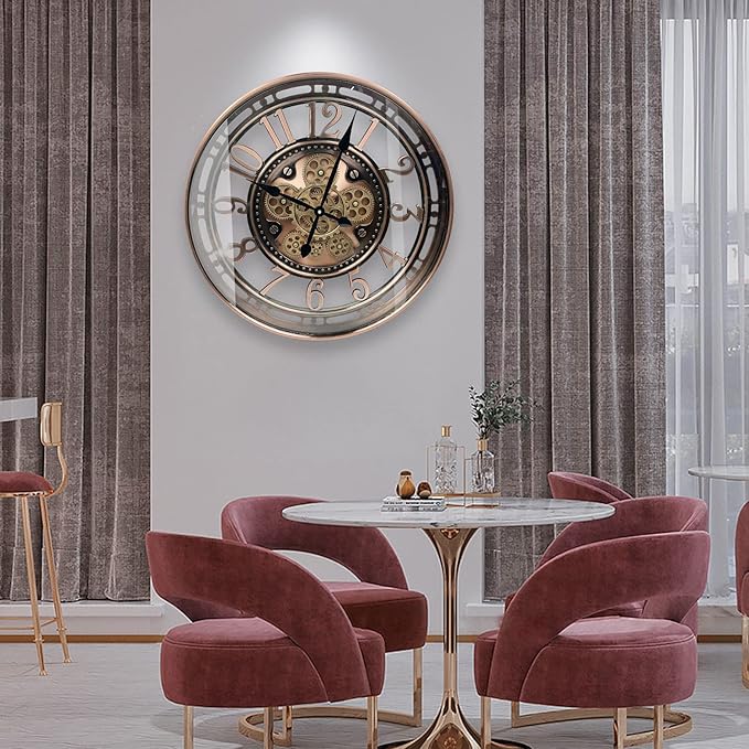 DORBOKER Real Moving Gears Wall Clock Large Modern Metal Clocks for Living Room Decor, Industrial Steampunk Unique Vintage Rustic Decorative Clock for Home Farmhouse Office, 30 Inch Red Copper Arabic