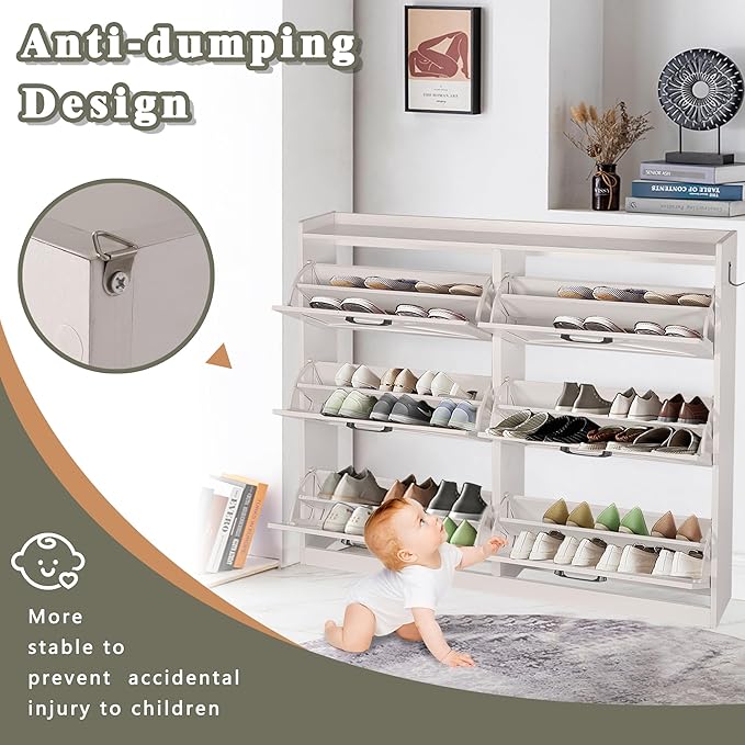 Shoe Cabinet with 6 Flip Drawers, Shoe Storage Cabinet for Entryway, Freestanding Hidden Shoe Cabinet Organizer with Open Storage, Narrow Shoe Rack with Legs, Oak White