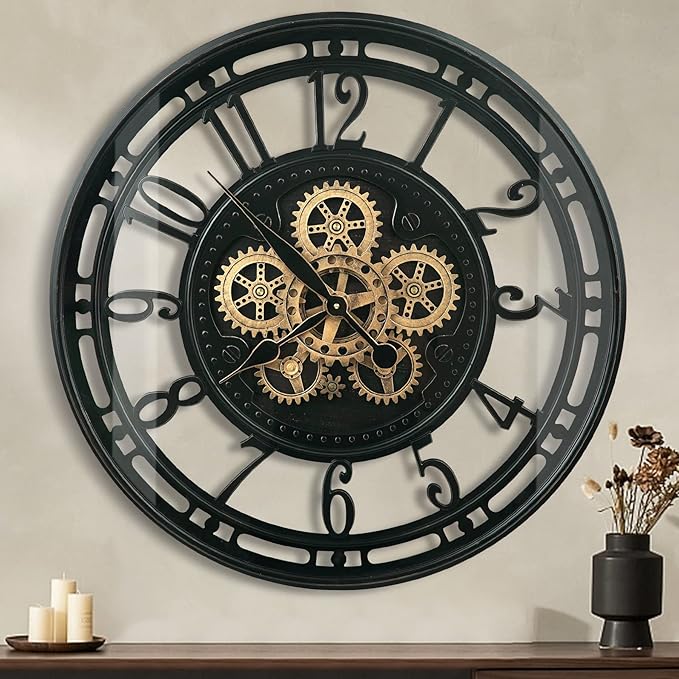 DORBOKER 30 Inch Real Moving Gears Wall Clock Large Modern Metal Clocks for Living Room Decor, Industrial Steampunk Unique Vintage Rustic Decorative Clock for Home Farmhouse Office,Black Gold Arabic