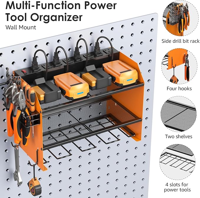 CCCEI Modular Power Tool Organizer Wall Mount with Charging Station. Garage 4 Drill Storage Shelf with Hooks, Drill Bit Heavy Duty Rack, Orange Tool Battery Holder Built in 8 Outlet Power Strip.
