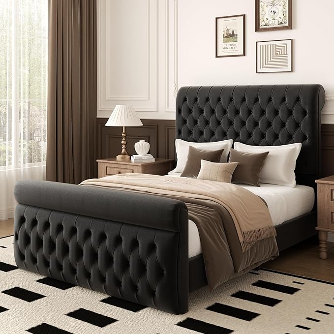 57.5" Tall Queen Upholstered Bed Frame with Rolled Headboard and Footboard, Plaform Bed Frame with Deep Button Tufting, Soft Chenille Fabric, Noise Free, No Spring Box Needed, Black
