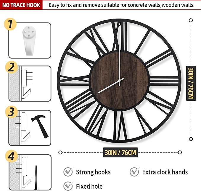 LEIKE Large Wall Clocks with Night Light Battery Operated,Silent Non Ticking,Rustic Modern Big Wood Clock for Living Room, Bedroom,Kitchen,Farmhouse,Office,Home Decor-30 Inch(Roman Numerals)