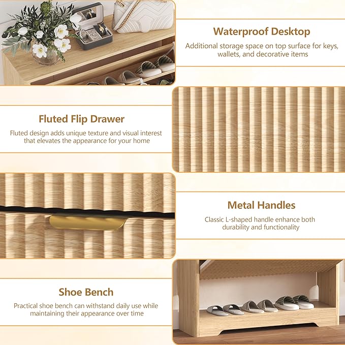 Shoe Cabinet Storage for Entryway with 2 Flip Drawers, Fluted Shoe Cabinet with Open Storage, Wooden Hidden Shoe Rack Freestanding Narrow Slim Shoe Organizer for Hallway, Entrance