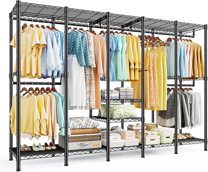 Raybee 88.2" W Clothes Rack Heavy Duty Clothing Racks for Hanging Clothes Loads 1200LBS Freestanding Garment Rack for Bedroom 88.2" W x 75.6" H x 15.7" D, Black