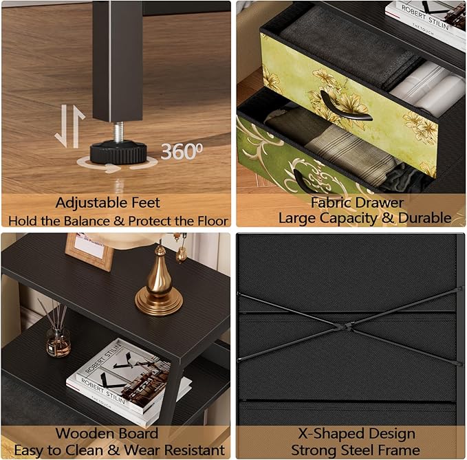 Furnulem Retro 5 Drawers Dresser, Tall Dressers for Bedroom, Closet, Hallway, Nursery, Fabric Storage Tower Organizer, Vertical Nightstand Side Table Furniture, Steel Frame, Wood Top