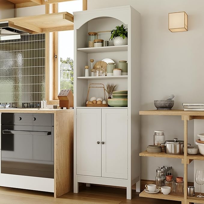 71" H Tall Bookshelf with Doors, Farmhouse Book Shelf with 3-Tier Open Shelves, Wooden Bookcase with Storage Cabinet, Freestanding Display Bookshelves for Bedroom, Living Room, White