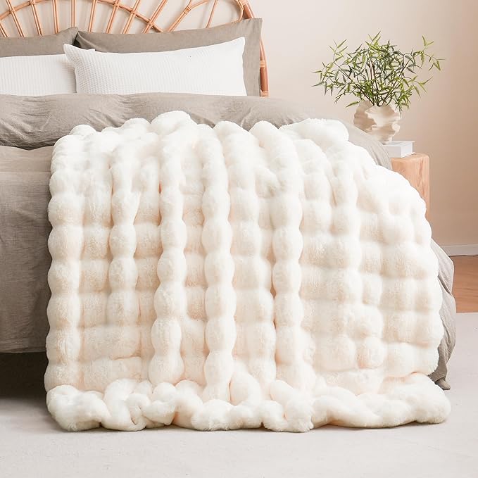 BENVWE Faux Fur Throw Blanket for Couch - Thickened Fluffy Soft Bubble Blanket for Living Room Home Decor - Mothers Day Birthday Gifts for Women Men, Cream White, 50" x 60", 1300GSM