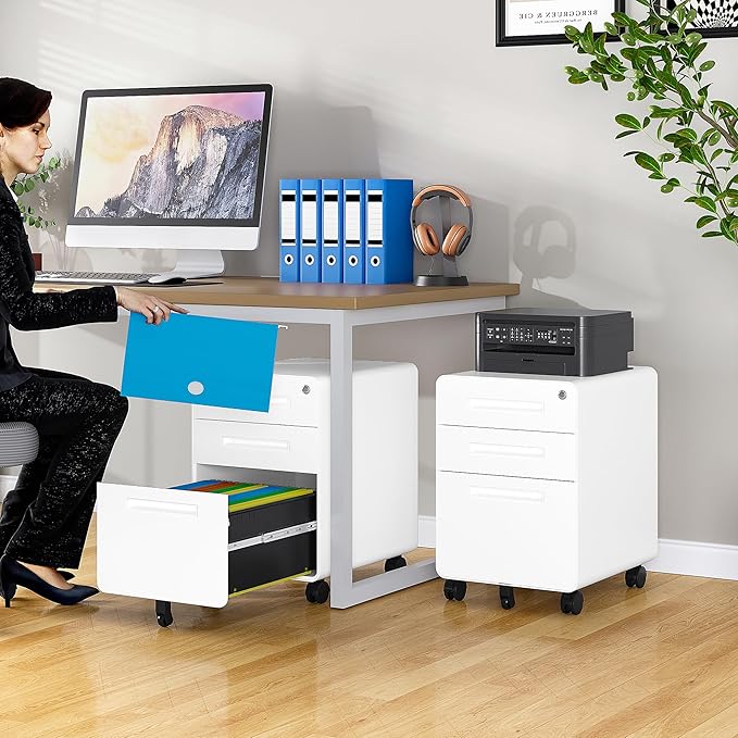 3 Drawer File Cabinet with Lock,Under Desk File Cabinet,White Rolling File Cabinet,Three Drawer Filing Cabinet for Home Office with Wheels,Fit A4/Letter/Legal File,Fully Assembled Except Casters
