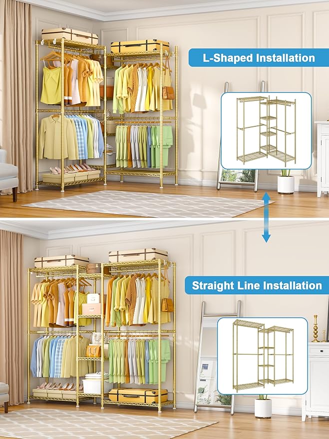 Ulif E4 Clothes Rack, Heavy-Duty Garment Rack, Metal Freestanding Clothing Organization Storage System Can Be L-Shaped with Shelves and Hangers, Max Load 962lbs, 71.6" W x 14.5" D x 79.3" H, Gold