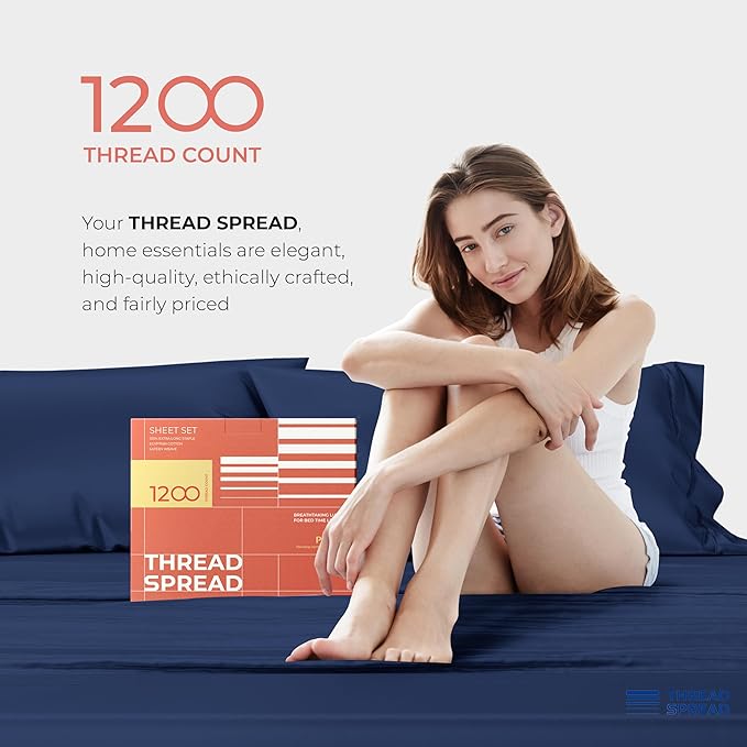 THREAD SPREAD 100% Egyptian Cotton Sheets California King Size - 1200 Thread Count 4 PC Calking Sheet Egyptian Cotton, Cooling Sateen Sheets, High Count Sheet California King - Navy Blue