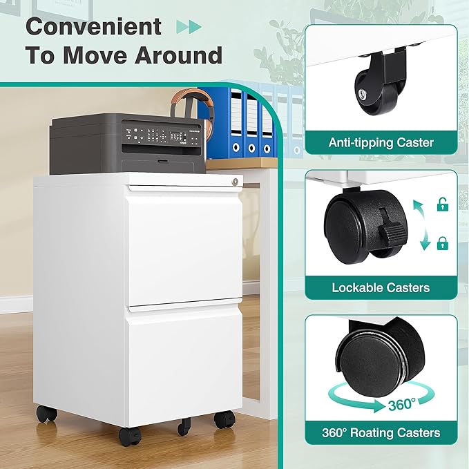 SISESOL 2 Drawer File Cabinet with Lock and Wheels,White Rolling File Cabinets,Locking Mobile Metal Filing Cabinet for Home Office,Under Desk,Fit A4/Letter/Legal File, Easy Assembly