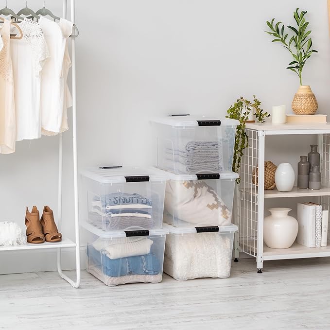 IRIS USA 40 Qt Stackable Plastic Storage Bins with Lids, 6 Pack - BPA-Free, Made in USA - See-Through Organizing Solution, Latches, Durable Nestable Containers, Secure Pull Handle - Clear