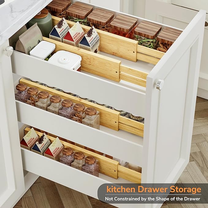 BAMEOS 3" H Bamboo Drawer Dividers - Adjustable Expandable Drawer Organizer - Kitchen, Bathroom, Bedroom & Office, 4-pack