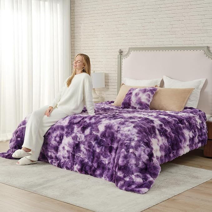 Cozy Bliss Faux Fur Throw Blanket for Couch, Bubble Plush Blanket Queen Size, Fuzzy Soft & Thick Blanket for Bed Sofa Living Room, 90x90 Inches Tie-dye Purple