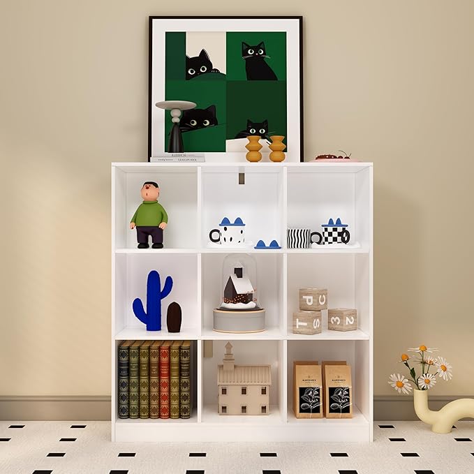 9-Cube Wooden Bookshelf with Base,3-Tier Freestanding Open Storage Organizer,Multi-Functional Bookcase for Living Room,Bedroom,Study and Office (White, 9-Cube)