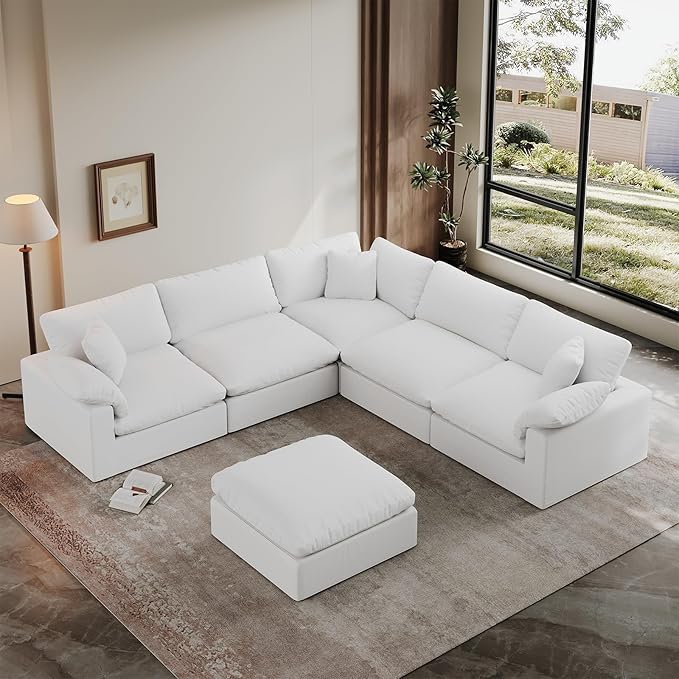 Oversized Cloud Sectional Couch for Living Room, 110.8" Comfy Down Filled Sofa Couch, 5 Seater Modular Sectional Sofa with Ottoman, Deep Seat Modular Couches Removable Covers, White