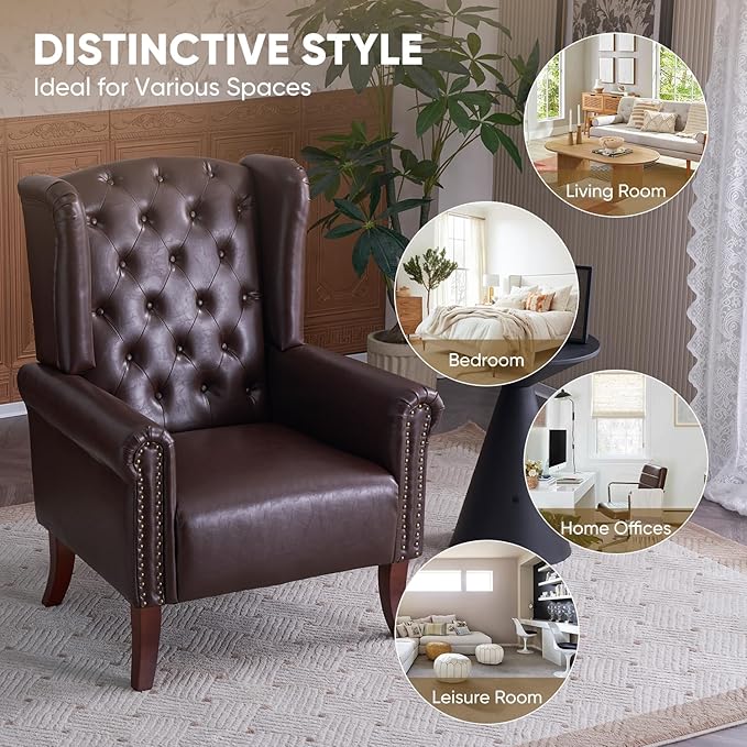 MOJAY Mid-Century Modern Living Room Chairs Set of 2, Upholstered Faux Leather Accent Chairs Club Arm Chair, Single Sofa Chair with Solid Wooden Legs for Bedroom Study Home Office Lounges(Caramel)