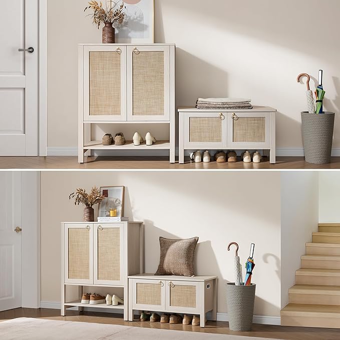 SICOTAS Rattan Shoe Cabinet with Storage - 5 Tier Farmhouse Boho Shoe Organizer Storage Cabinet with Shelves & Doors, Tall Shoe Rack Cabinet for Entryway, Living Room, Closet (White Cream Oak)